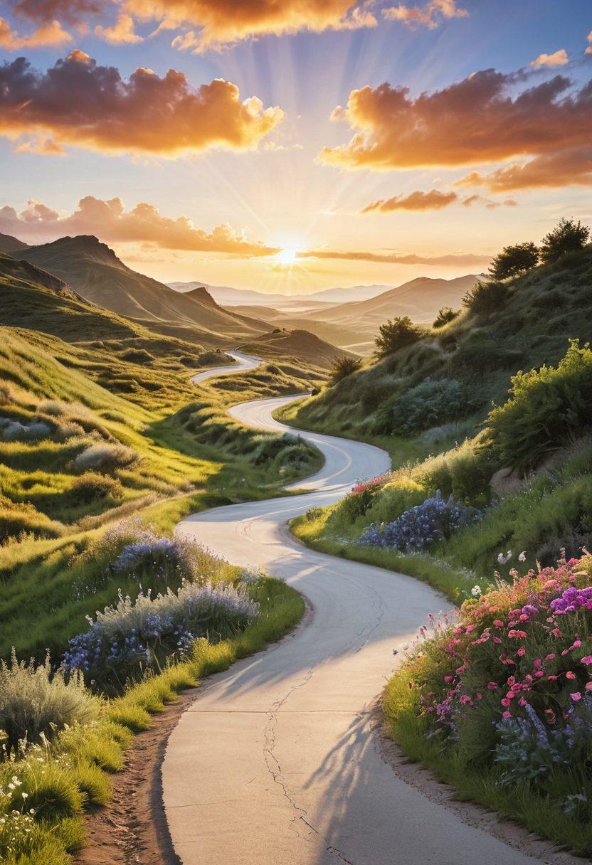 A serene landscape depicting a winding road leading towards a horizon of hope, with diverse individuals walking together, symbolizing community support. Along the path, signs point to various treatment options like therapy, support groups, and wellness activities, surrounded by lush nature to signify healing. Soft, warm colors evoke a sense of comfort and positivity. super-realistic. vibrant colors. white background.
