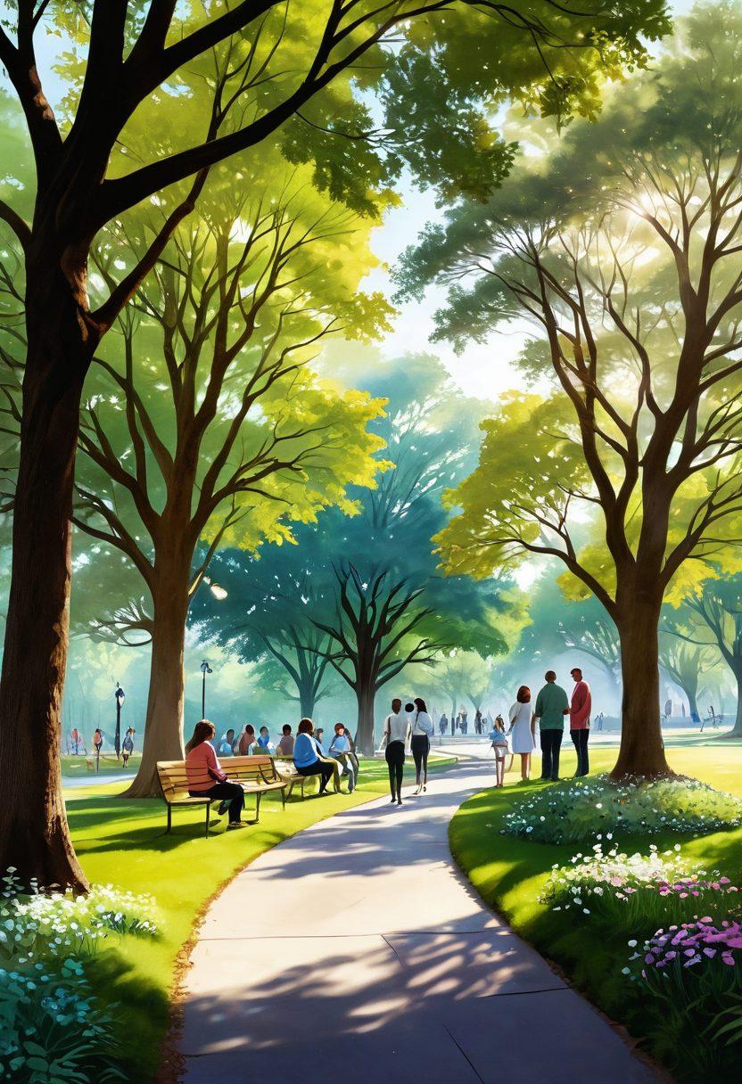 An illustration depicting a serene scene in a tranquil park, where a diverse group of people—patients, caregivers, and medical professionals—are gathered, sharing stories and support. Include symbolic elements such as ribbons representing awareness, soft sunlight filtering through trees, and a path leading towards hope and healing. The atmosphere should evoke warmth, resilience, and community connection. super-realistic. vibrant colors. soft focus.