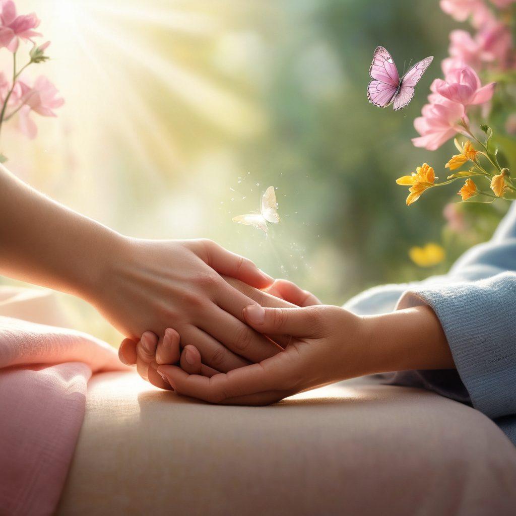 A warm and compassionate scene depicting a caregiver holding a cancer patient’s hand, surrounded by soft light and gentle colors. In the background, symbols of hope like blooming flowers and butterfly silhouettes flutter. Infuse elements representing empathy and advocacy, such as open books and supportive community members sharing stories. This conveys a sense of connection, healing, and understanding. super-realistic. vibrant colors. soft focus.